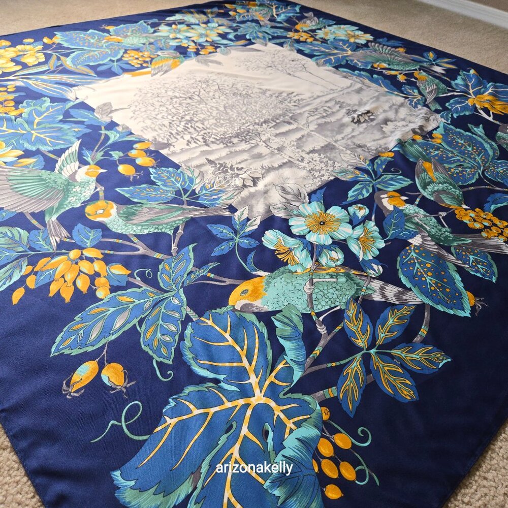 HUGE Silk Wrap Scarf Birds Blue Yellow - Picture 12 of 13